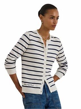 Lauren Ralph Lauren White and Navy Striped Button-Front Cardigan